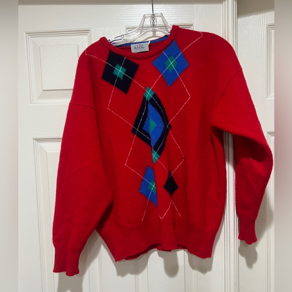 Clan Royal Scotland Men's LambsWool Argyle‎ Red Green Blue Sweater Sz Large